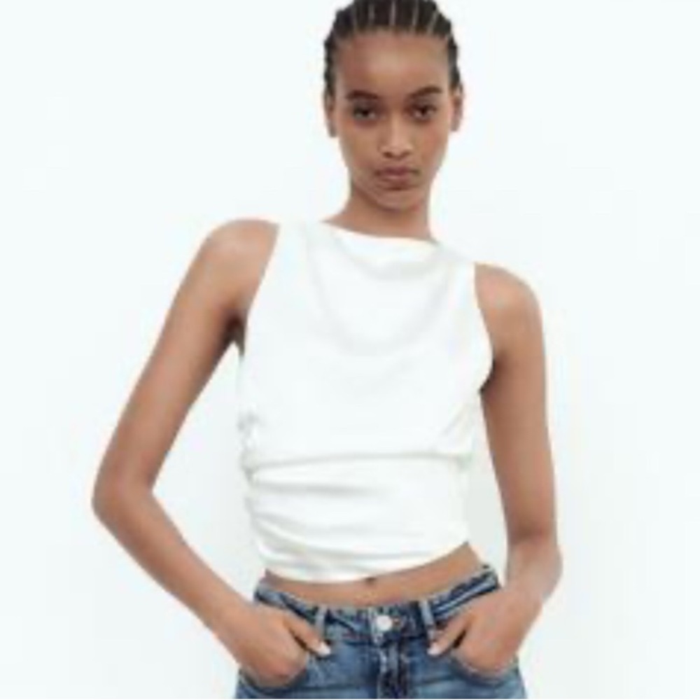 Zara White Open Back Satin Effect Top